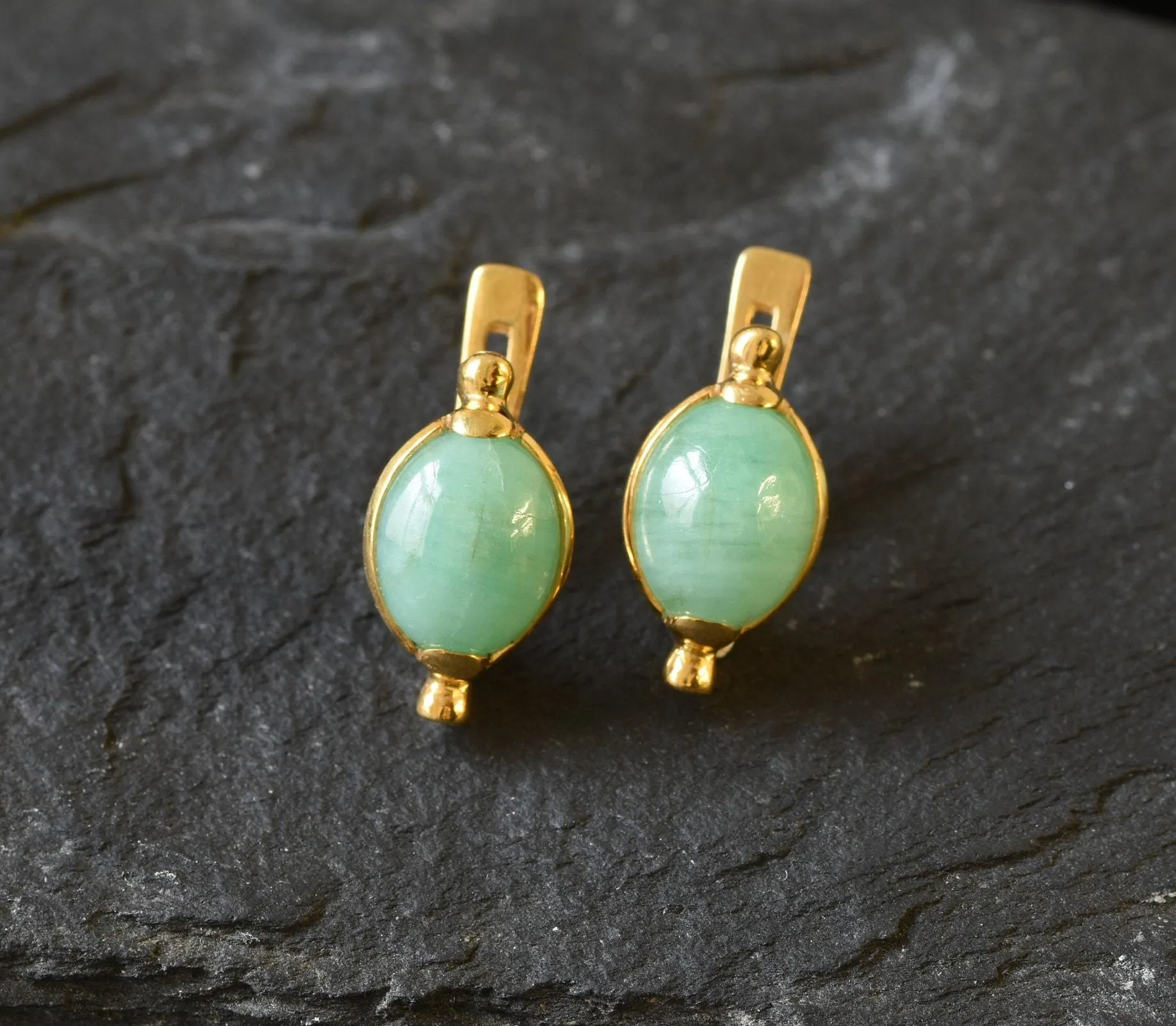 Gold Emerald Earrings - Natural Emerald Earrings, Green Emerald Studs