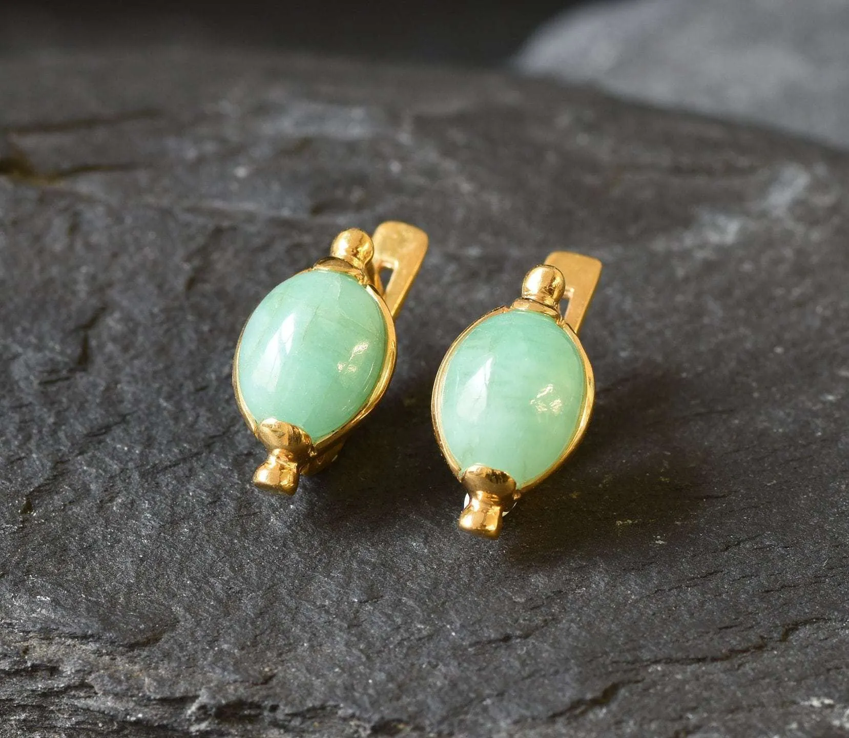 Gold Emerald Earrings - Natural Emerald Earrings, Green Emerald Studs