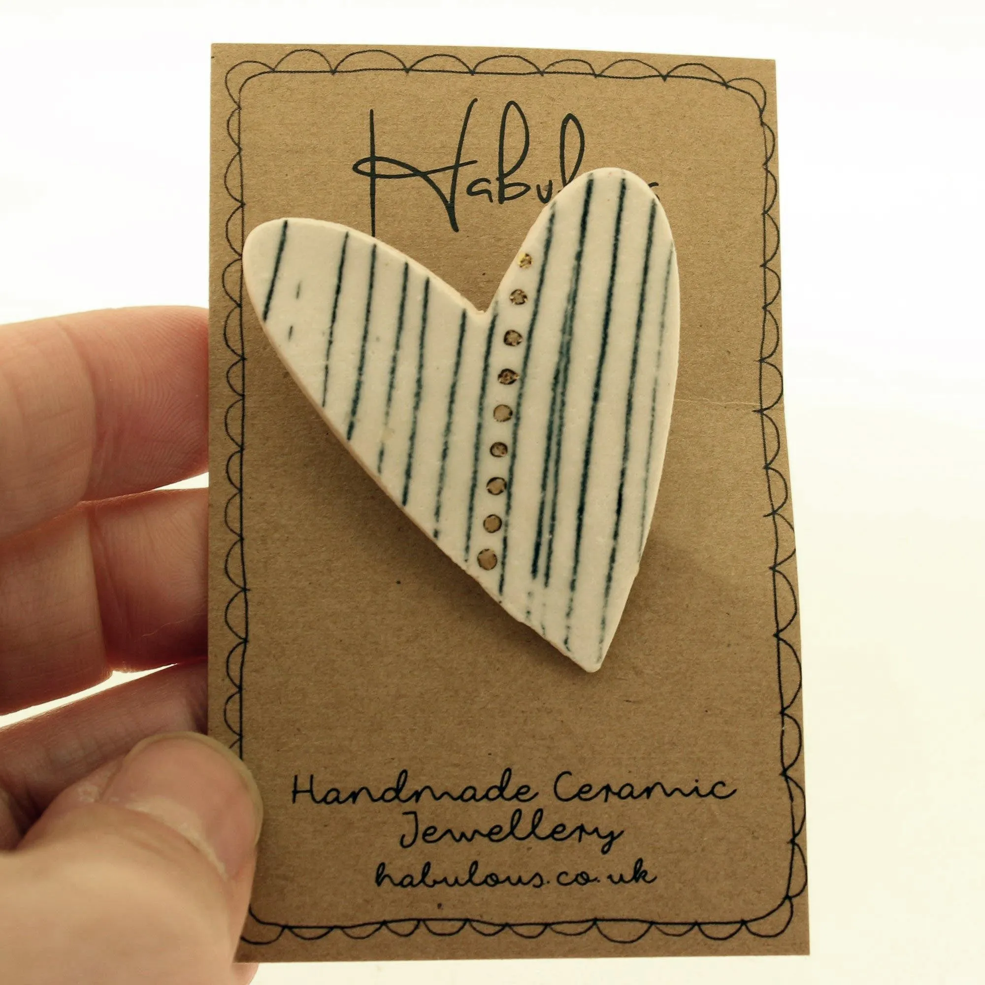 Gold Lustre Stripe Detail Ceramic Heart Brooch