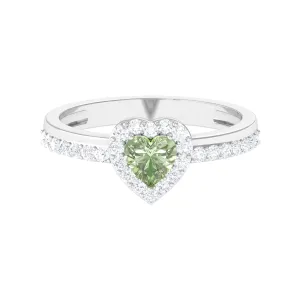 Green Sapphire Heart Engagement Ring with Diamond Halo