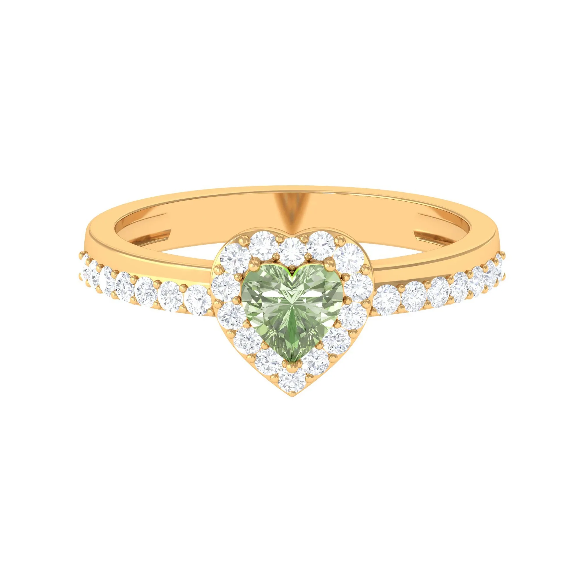 Green Sapphire Heart Engagement Ring with Diamond Halo