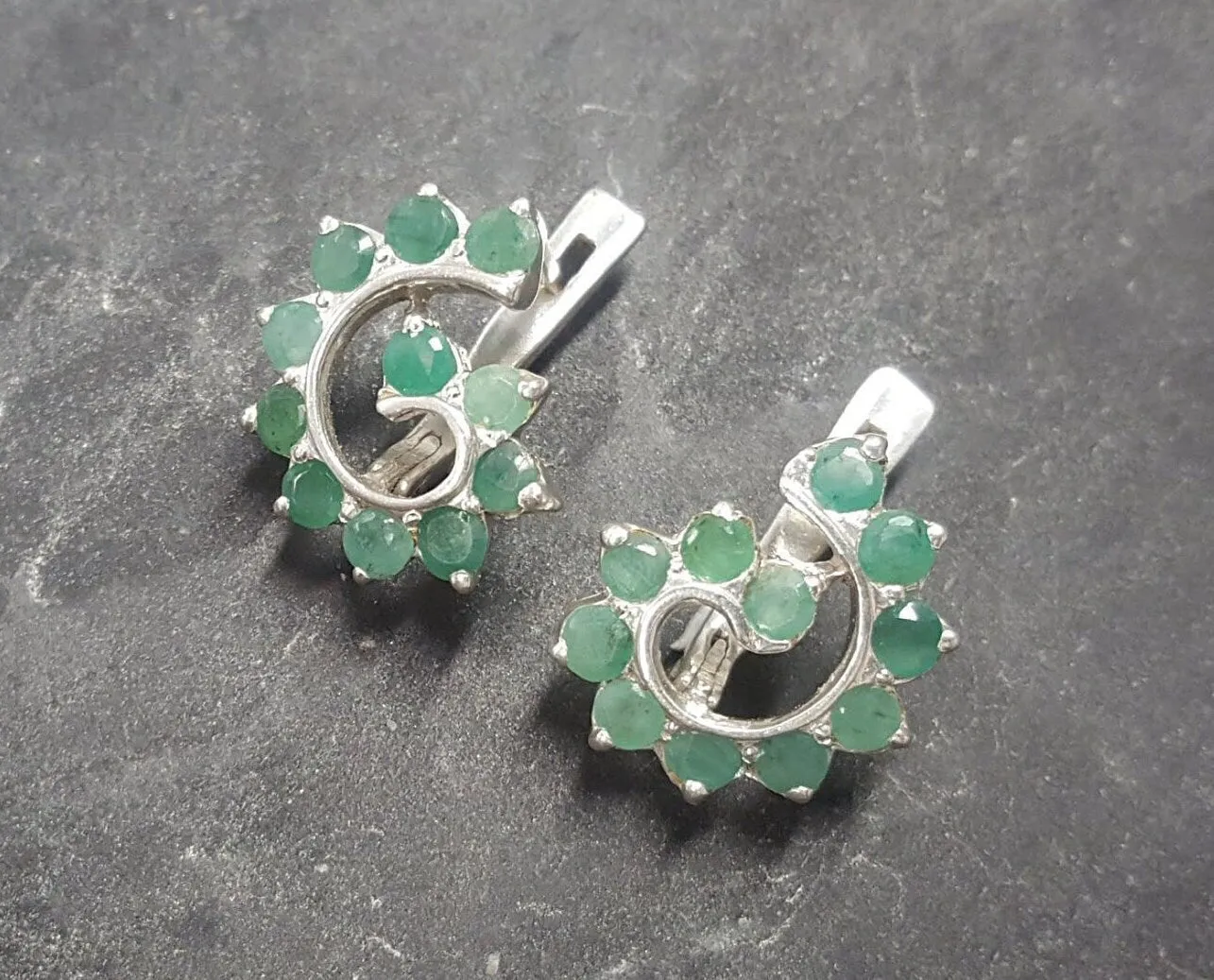 Green Swirl Earrings - Genuine Emerald Earrings - Vintage Spiral Earrings