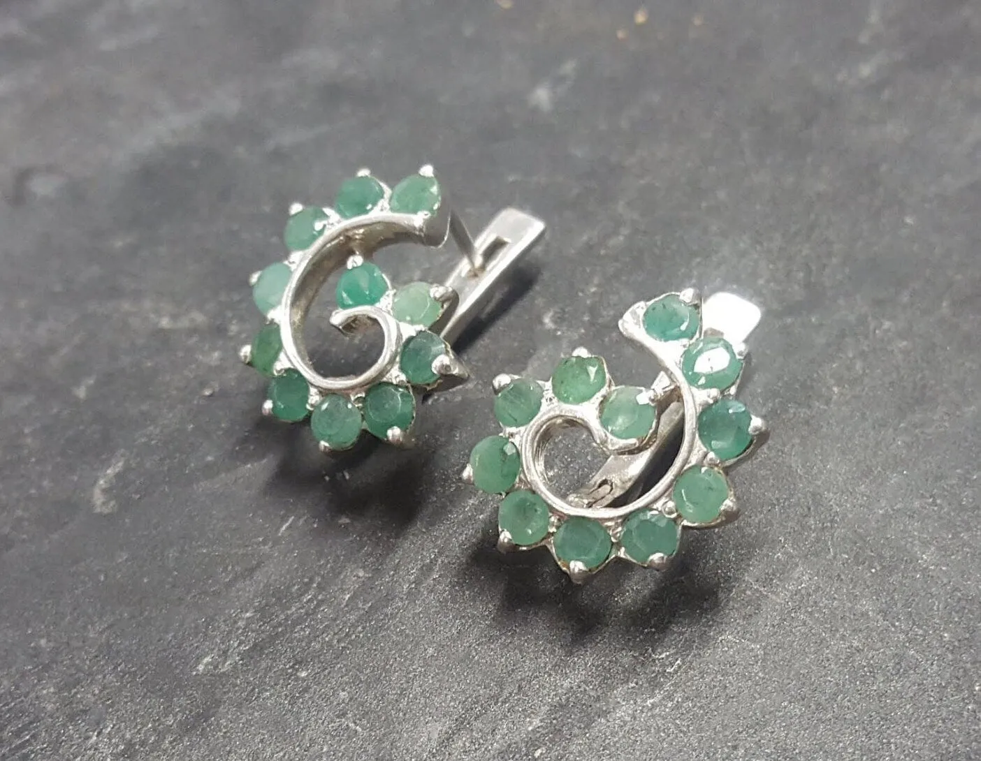 Green Swirl Earrings - Genuine Emerald Earrings - Vintage Spiral Earrings