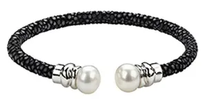 Honora White Button Freshwater Pearl w/Sterling Silver & Black Leather Bracelet LB5826BL