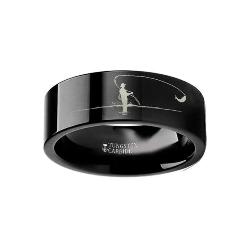 Hunting Landscape Scene Fly Fishing Fishermen Fish Engraved Flat Black Tungsten Ring - 4mm - 12mm