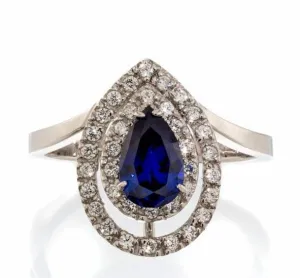 Imitation Sapphire and Cubic Zirconia Pear Cut Double Halo Engagement Ring In Sterling Silver