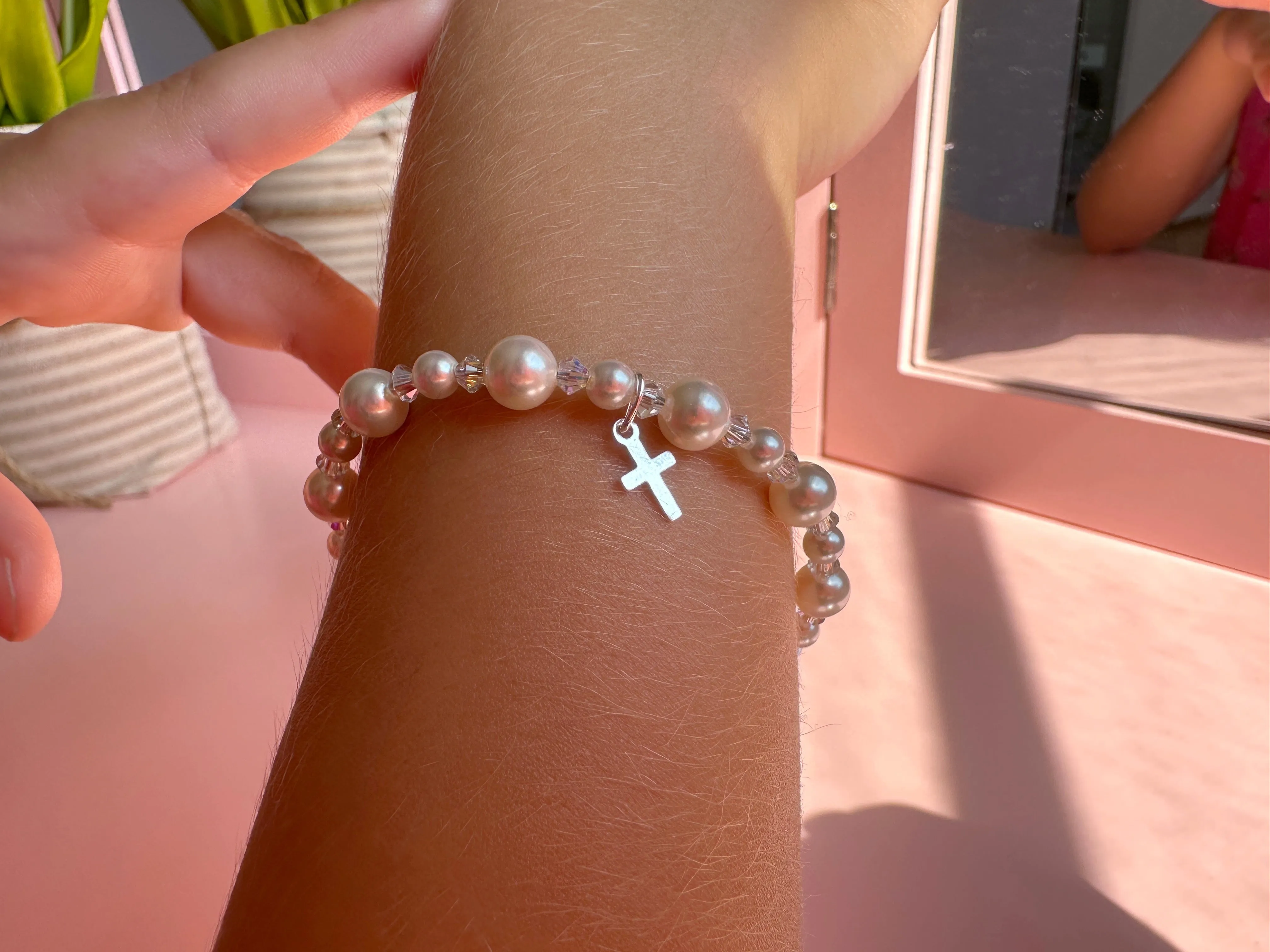 Infant Baby Girl Baptism & Christening Pink Pearl Sterling silver Cross Charm Bracelet