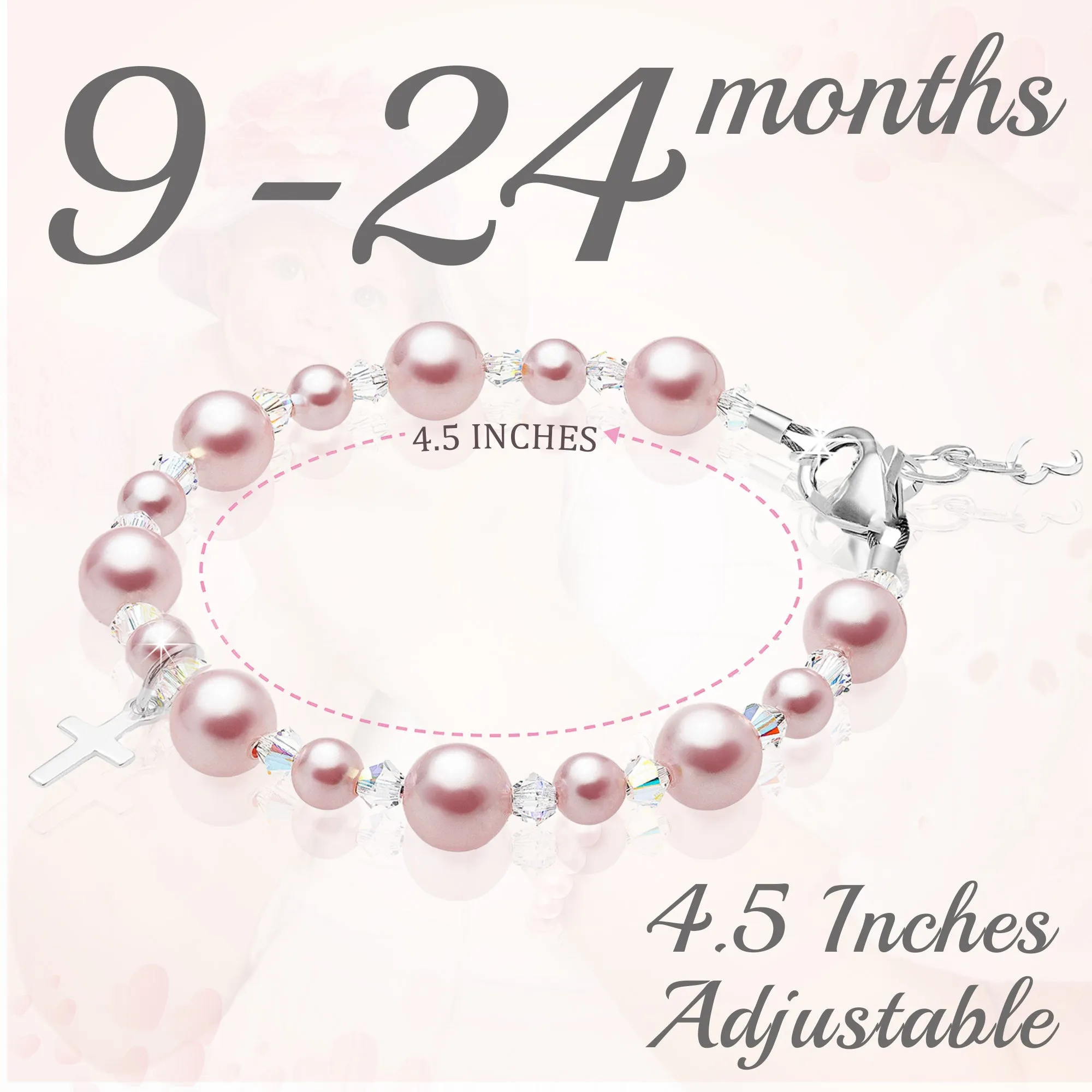 Infant Baby Girl Baptism & Christening Pink Pearl Sterling silver Cross Charm Bracelet