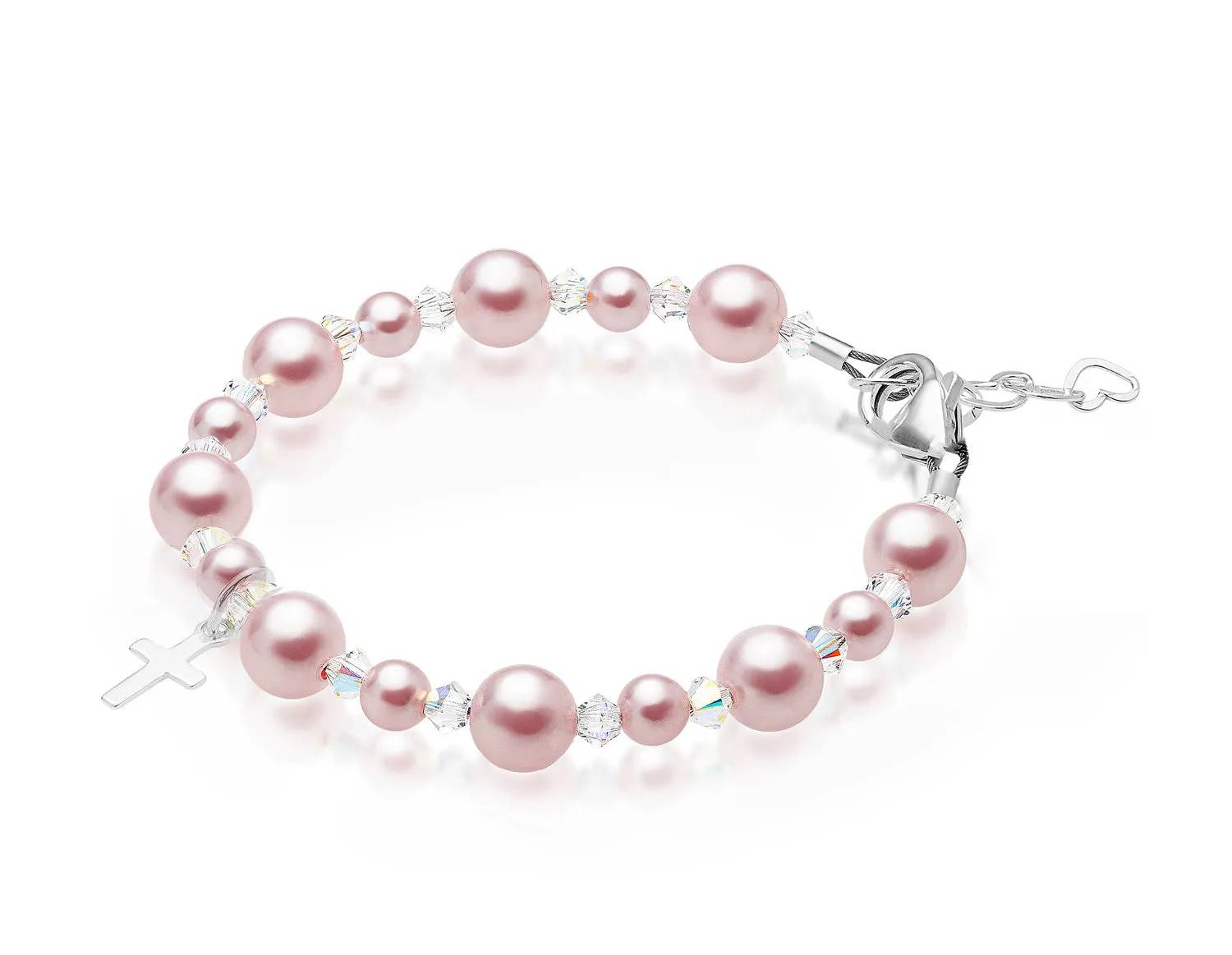 Infant Baby Girl Baptism & Christening Pink Pearl Sterling silver Cross Charm Bracelet