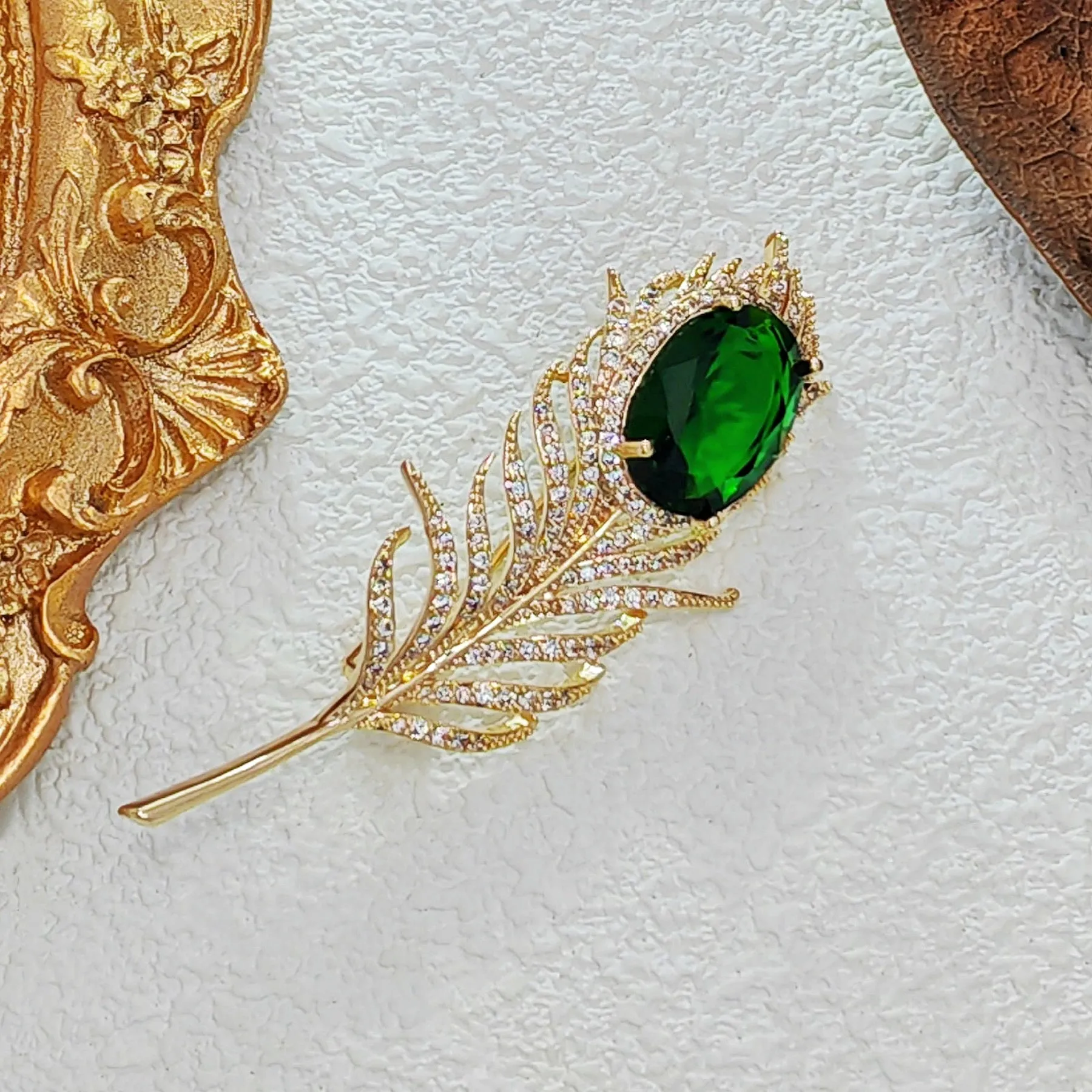 Jewelblings Stunning Gold Tone Big Oval Stone Art Deco Peacock Feather Brooches and Pin Fashion Winter Outfit Coat Sweater Shawl Accessories