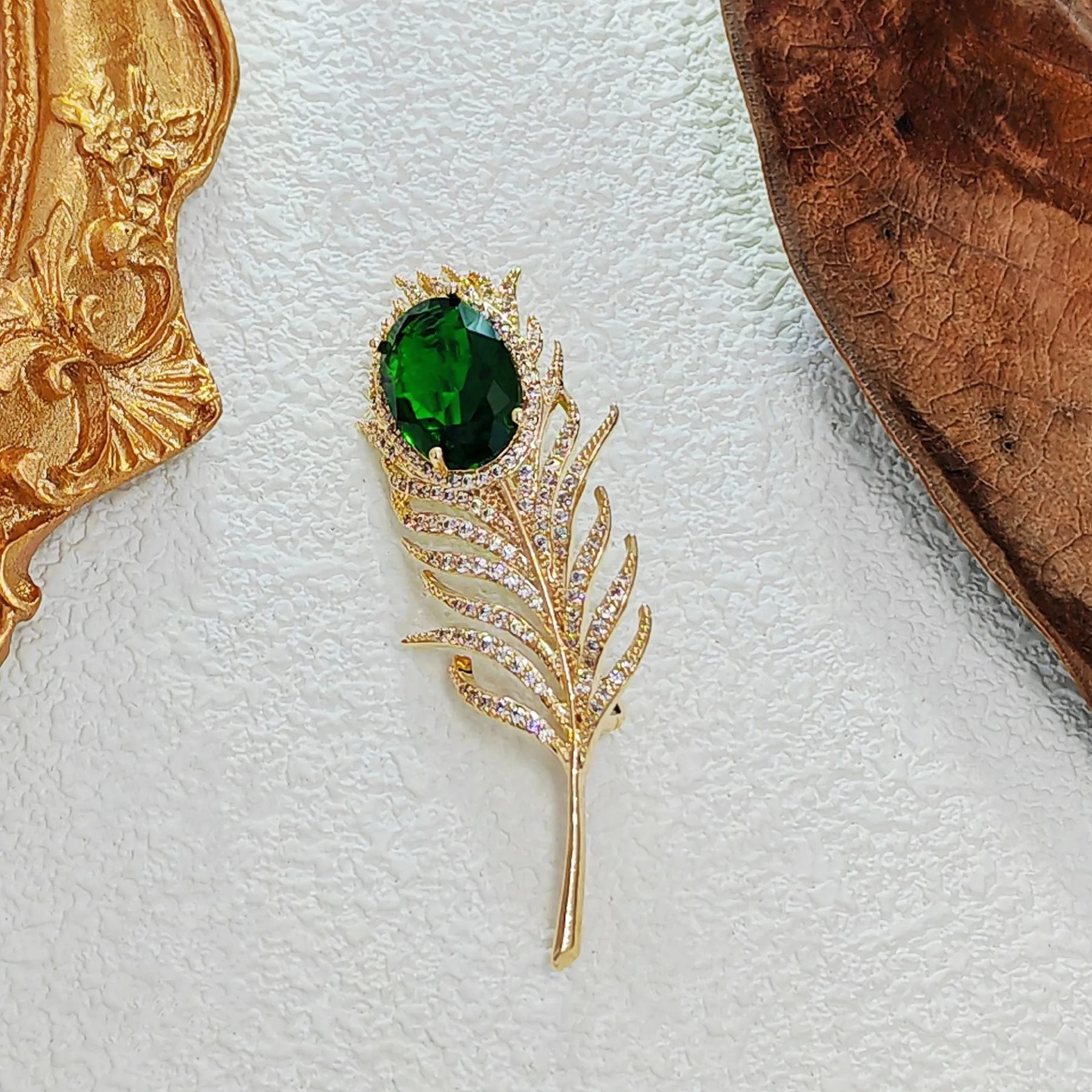 Jewelblings Stunning Gold Tone Big Oval Stone Art Deco Peacock Feather Brooches and Pin Fashion Winter Outfit Coat Sweater Shawl Accessories