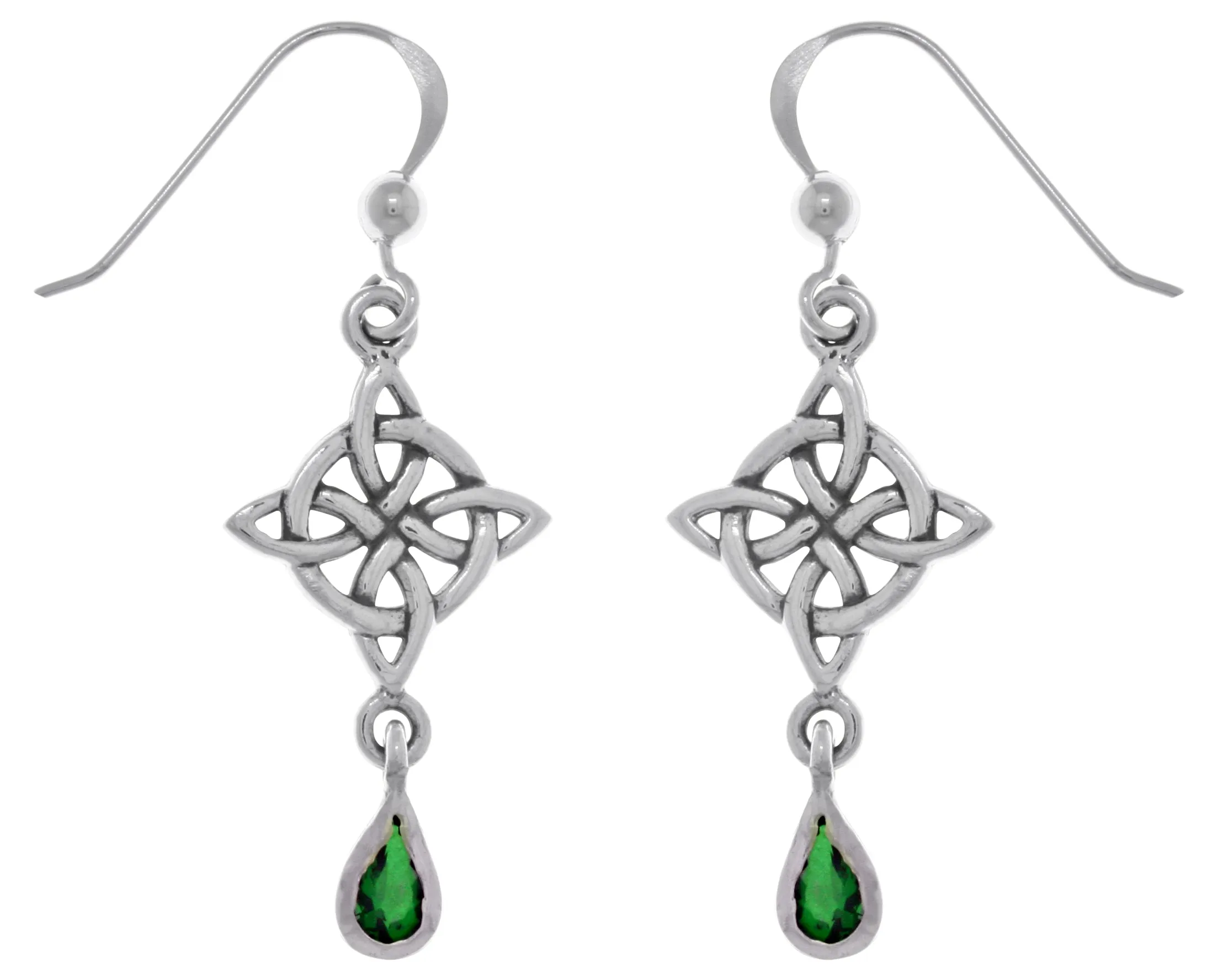 Jewelry Trends Sterling Silver and Dark Green Glass Celtic Luck Knotwork Dangle Earrings