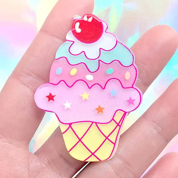 Kawaii Acrylic Cabochon | Glittery Ice Cream Embellishment | Hair Bow Center | Sweet Decoden Supplies (1 piece / 40mm x 55mm)