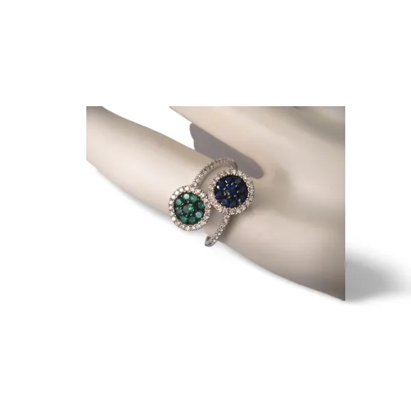 Lovely 14K White Gold Sapphire Tsavorite Diamond Designer Ring Band