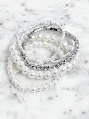 Mandi - Pearl & Rhinestone Set of 5 Bracelets (Silver)