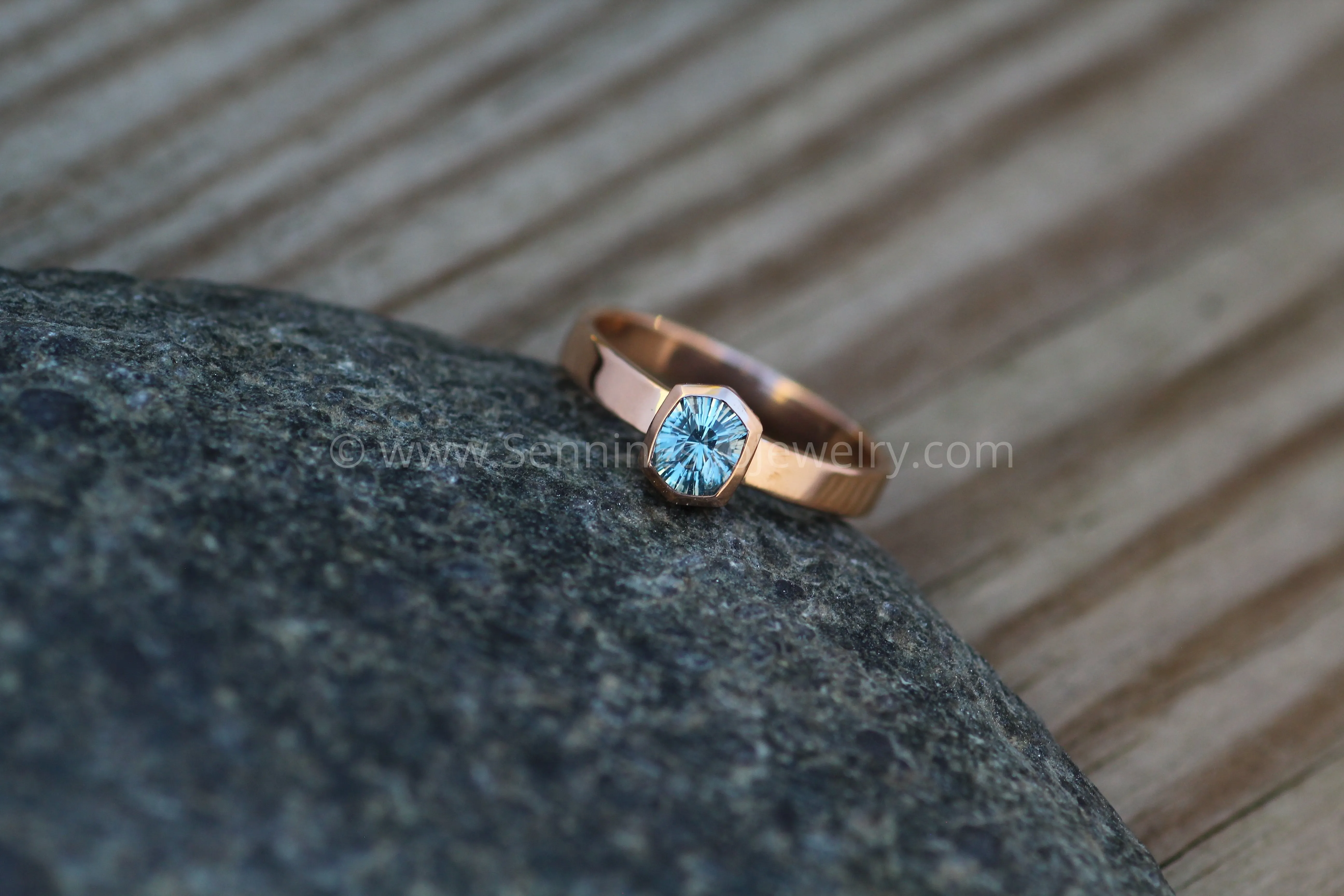 Medium Weight Rose Gold Bezel Ring Setting - Fantasy Cut Montana Sapphire Depicted (Setting Only, Center Stone Sold Separately)