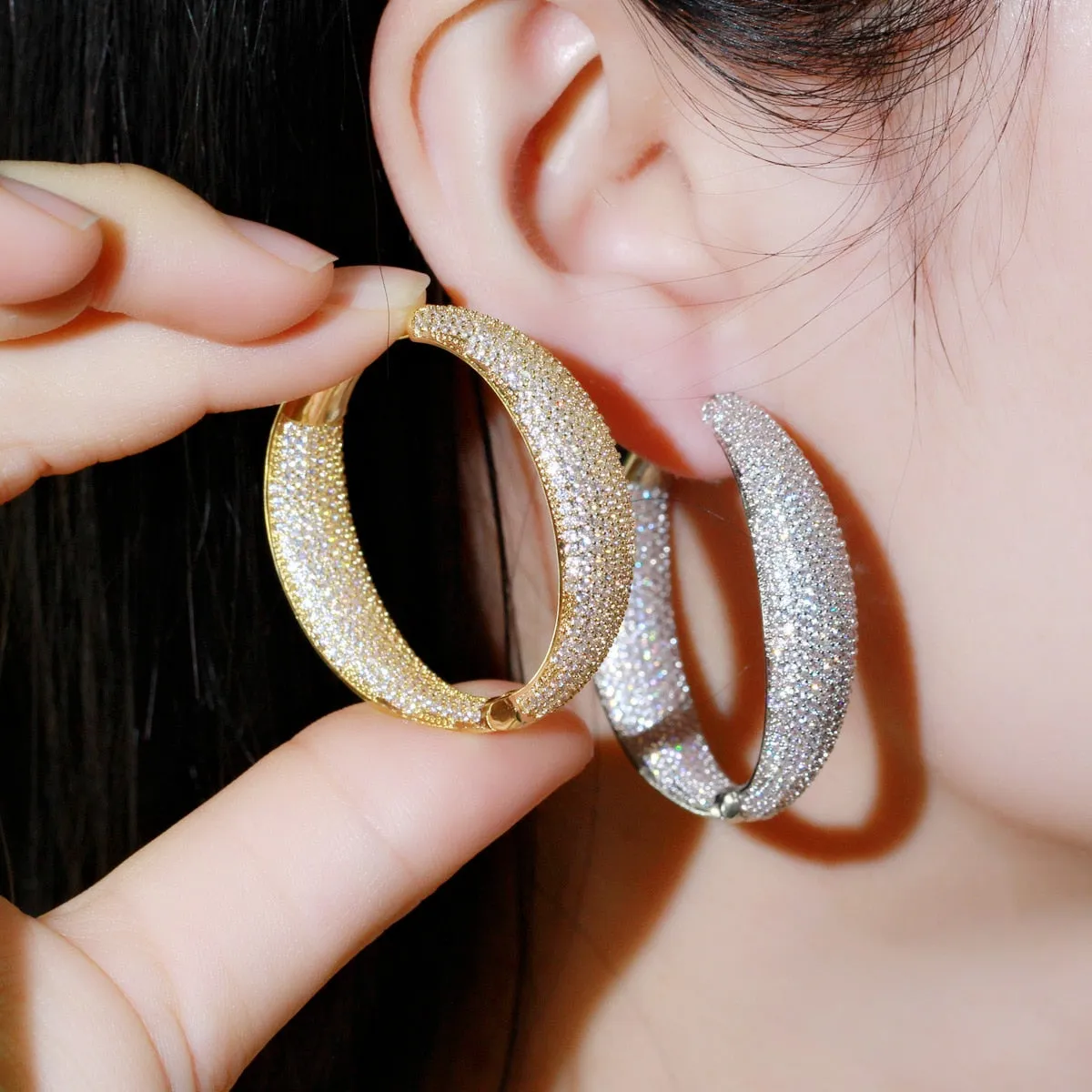 Micro Pave Cubic Zirconia Round Big Statement Luxury Hoop Earrings