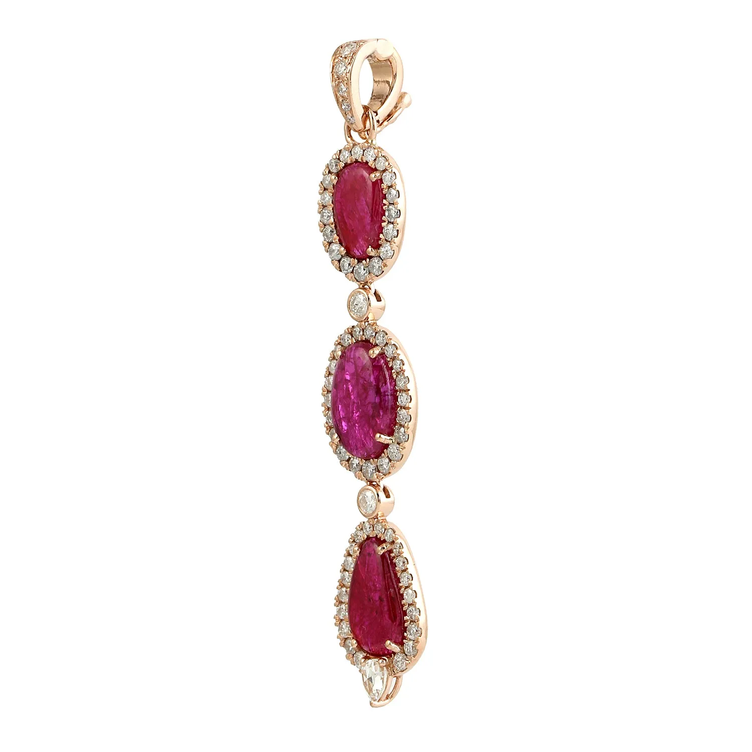 Natural Ruby Pave Diamond Long Drop Designer Pendant In 18k Rose Gold