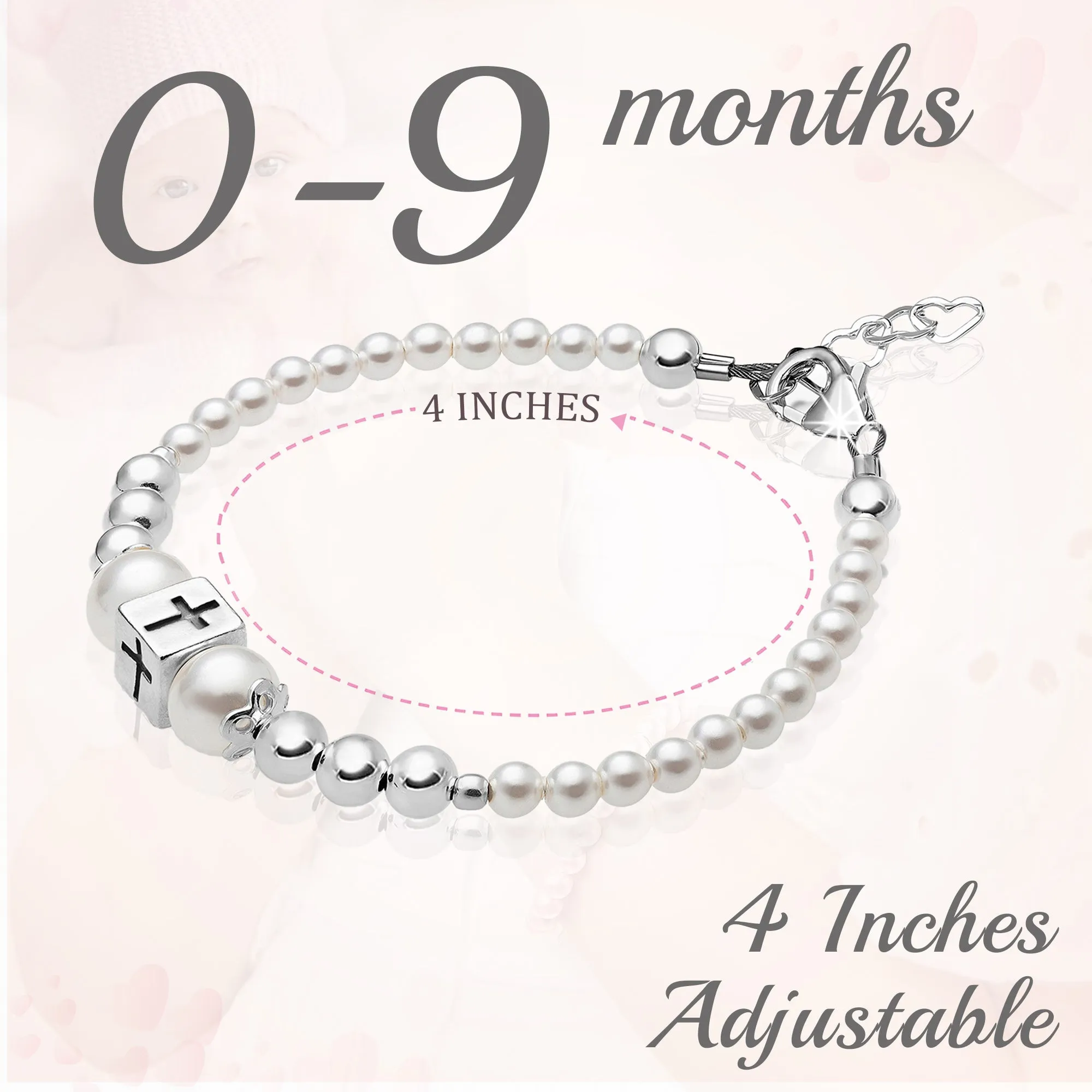 Newborn Baby Sterling Silver Beads Box Cross White Pearl Bracelet