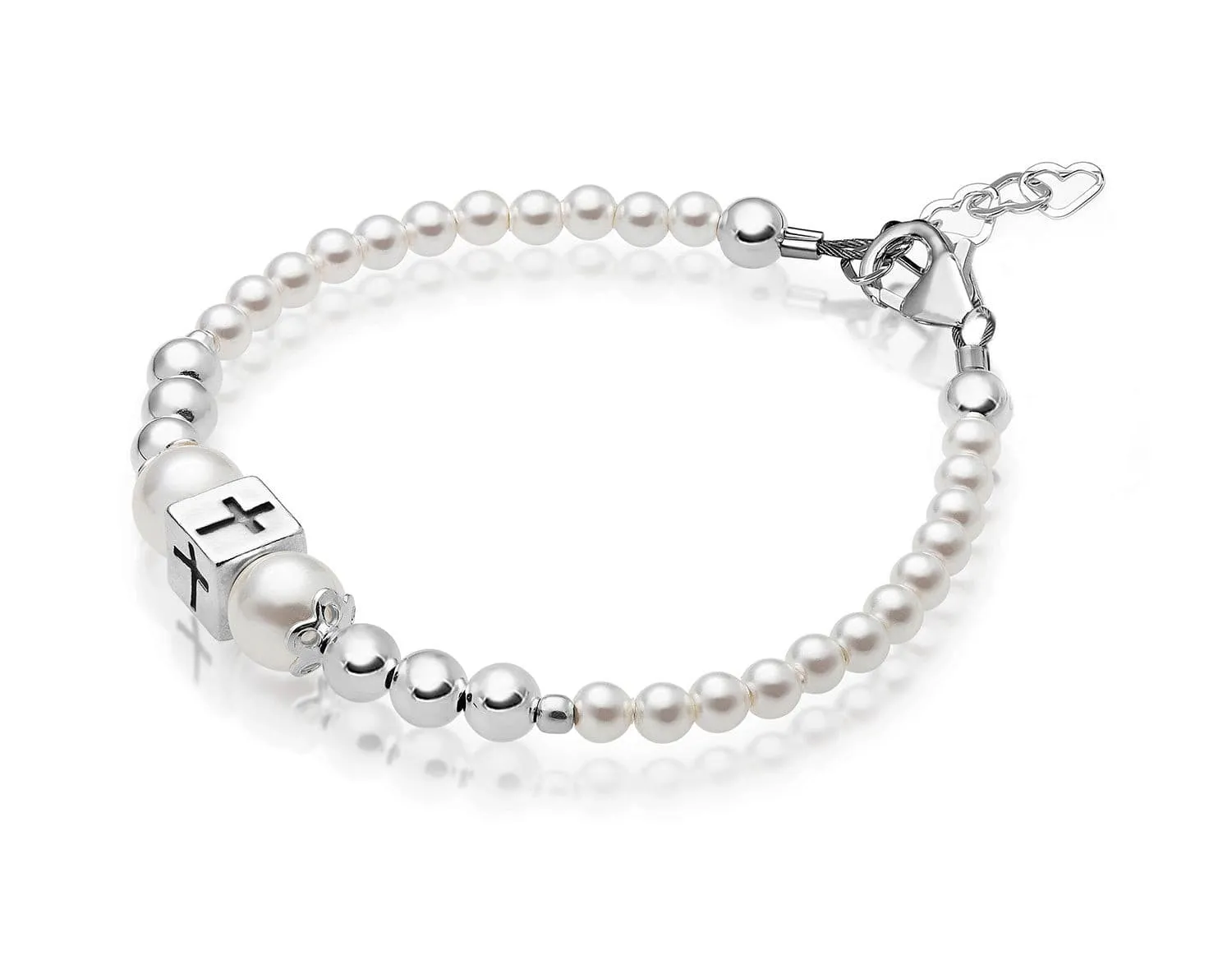 Newborn Baby Sterling Silver Beads Box Cross White Pearl Bracelet