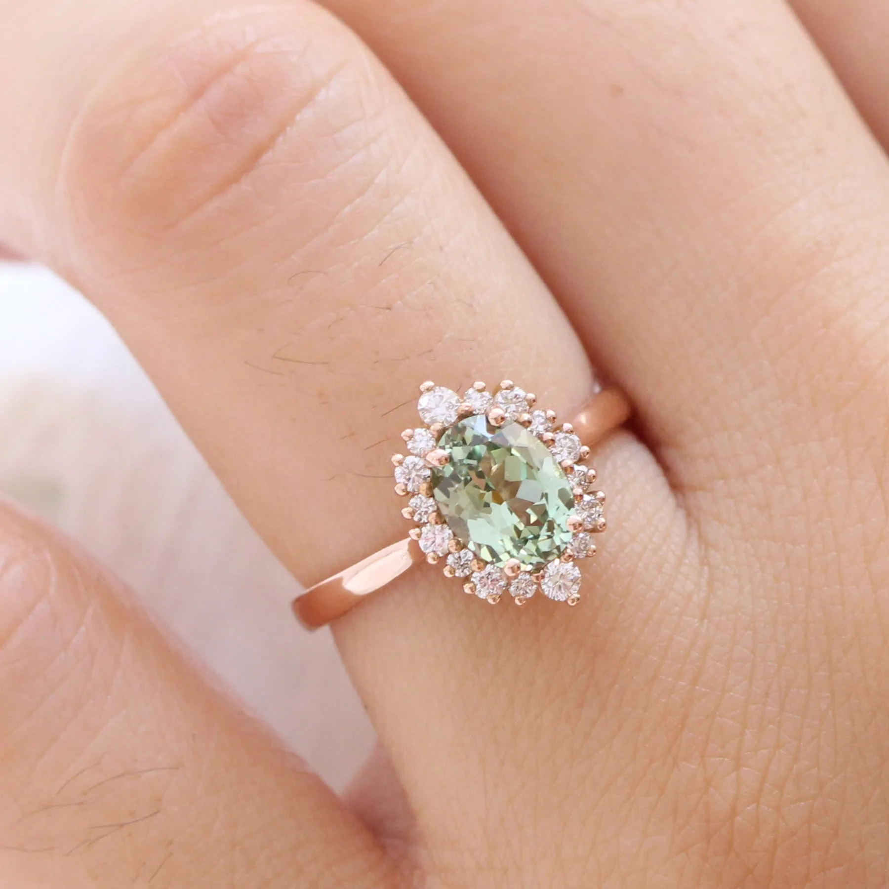 Oval Green Sapphire Engagement Ring in Tiara Halo Diamond Tapered Band