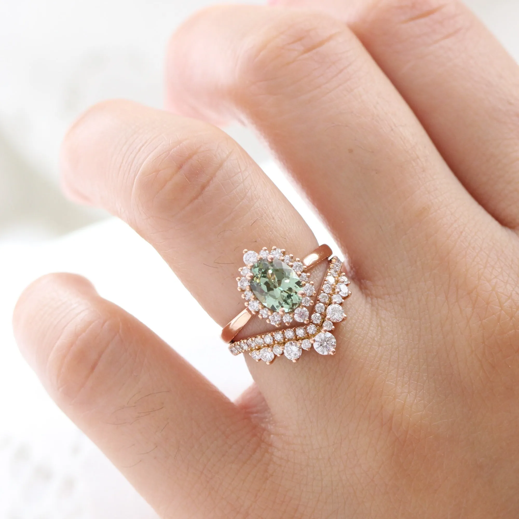 Oval Green Sapphire Engagement Ring in Tiara Halo Diamond Tapered Band