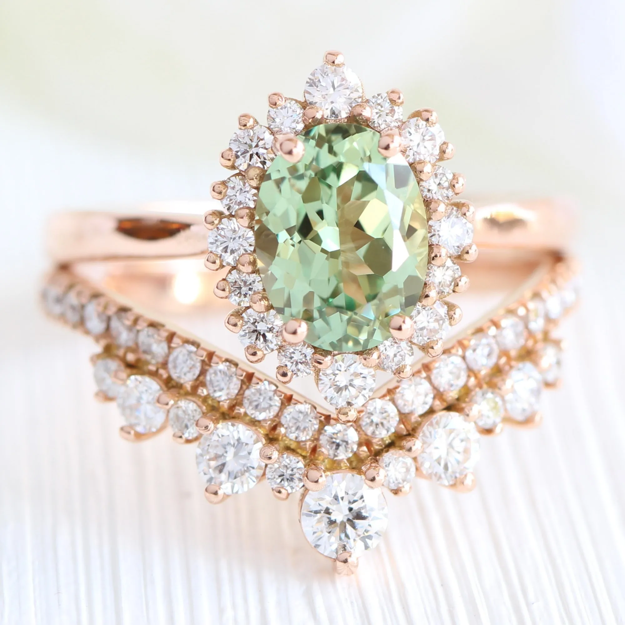 Oval Green Sapphire Engagement Ring in Tiara Halo Diamond Tapered Band