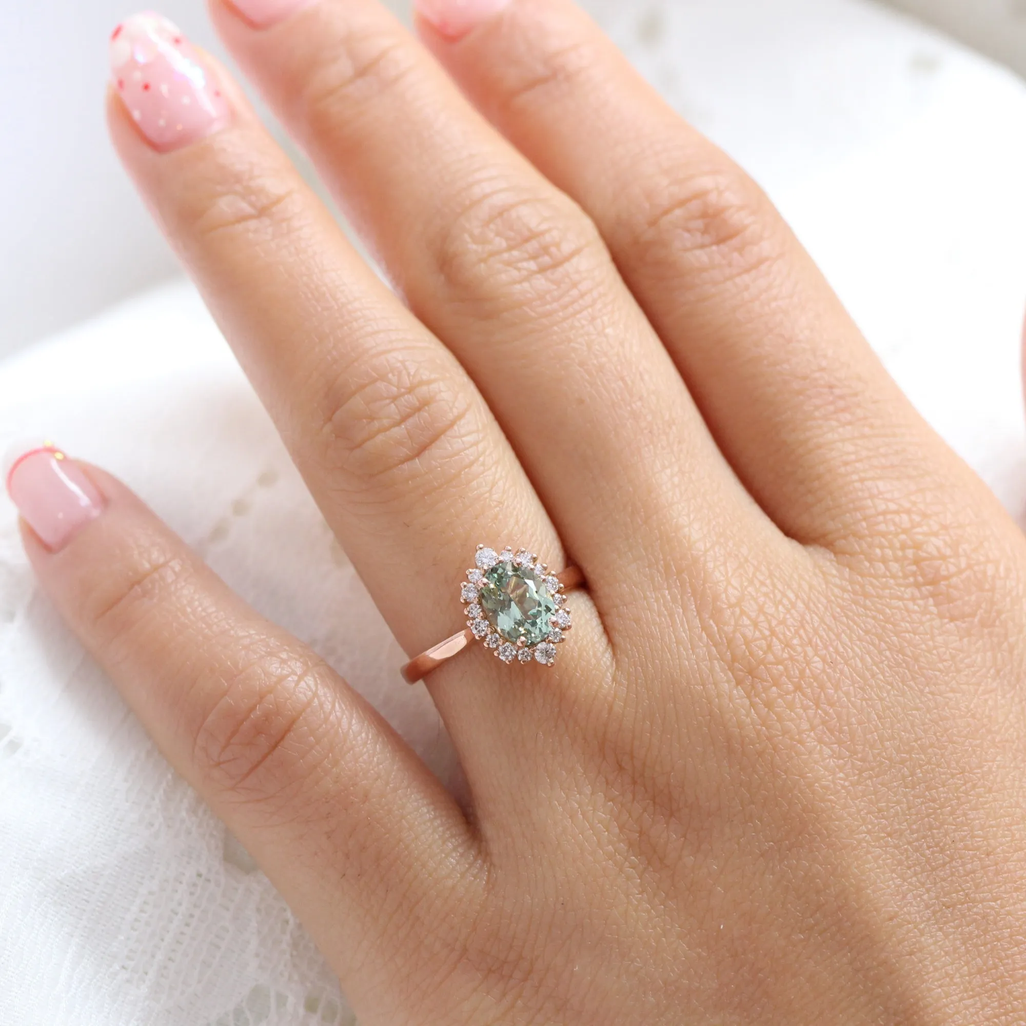 Oval Green Sapphire Engagement Ring in Tiara Halo Diamond Tapered Band