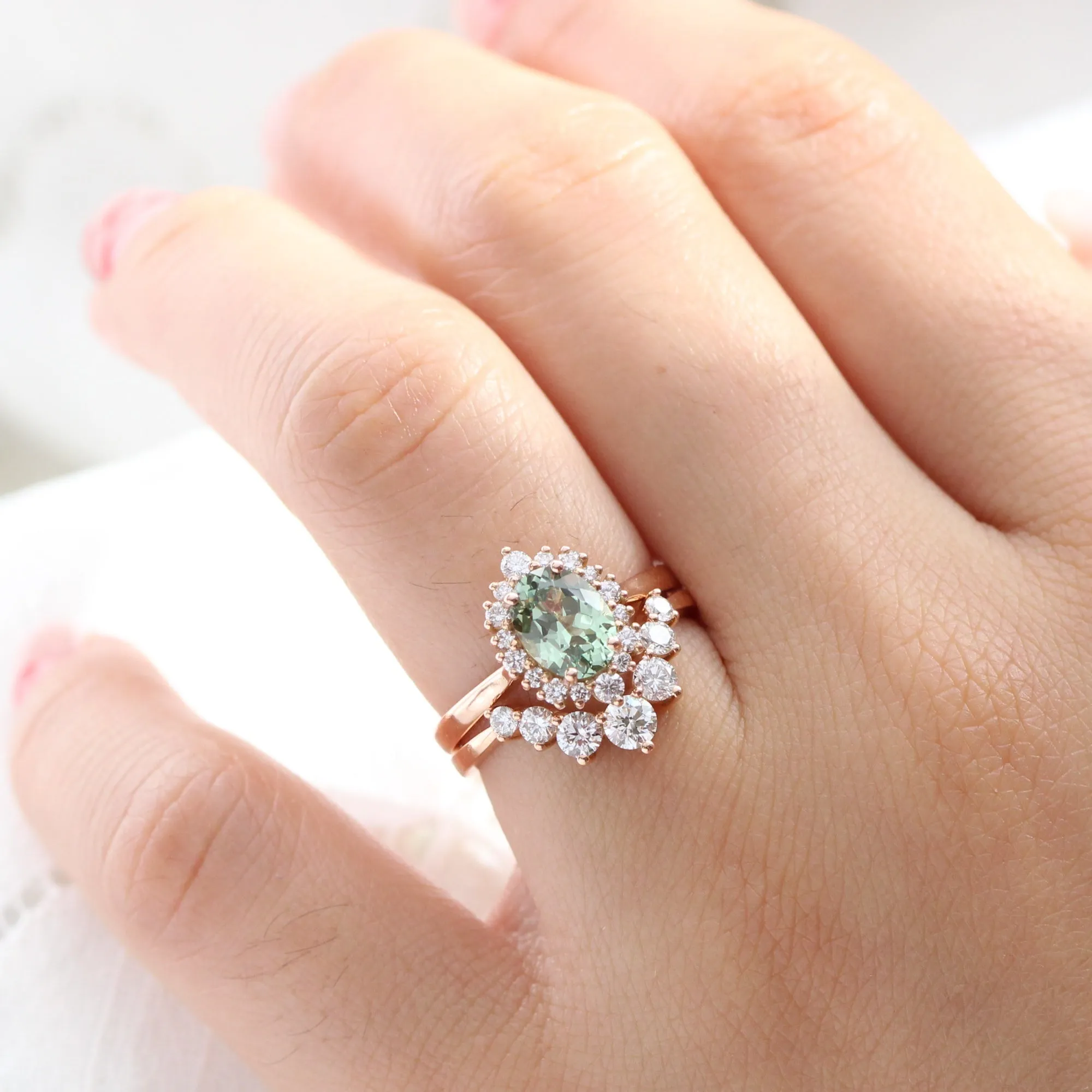 Oval Green Sapphire Engagement Ring in Tiara Halo Diamond Tapered Band