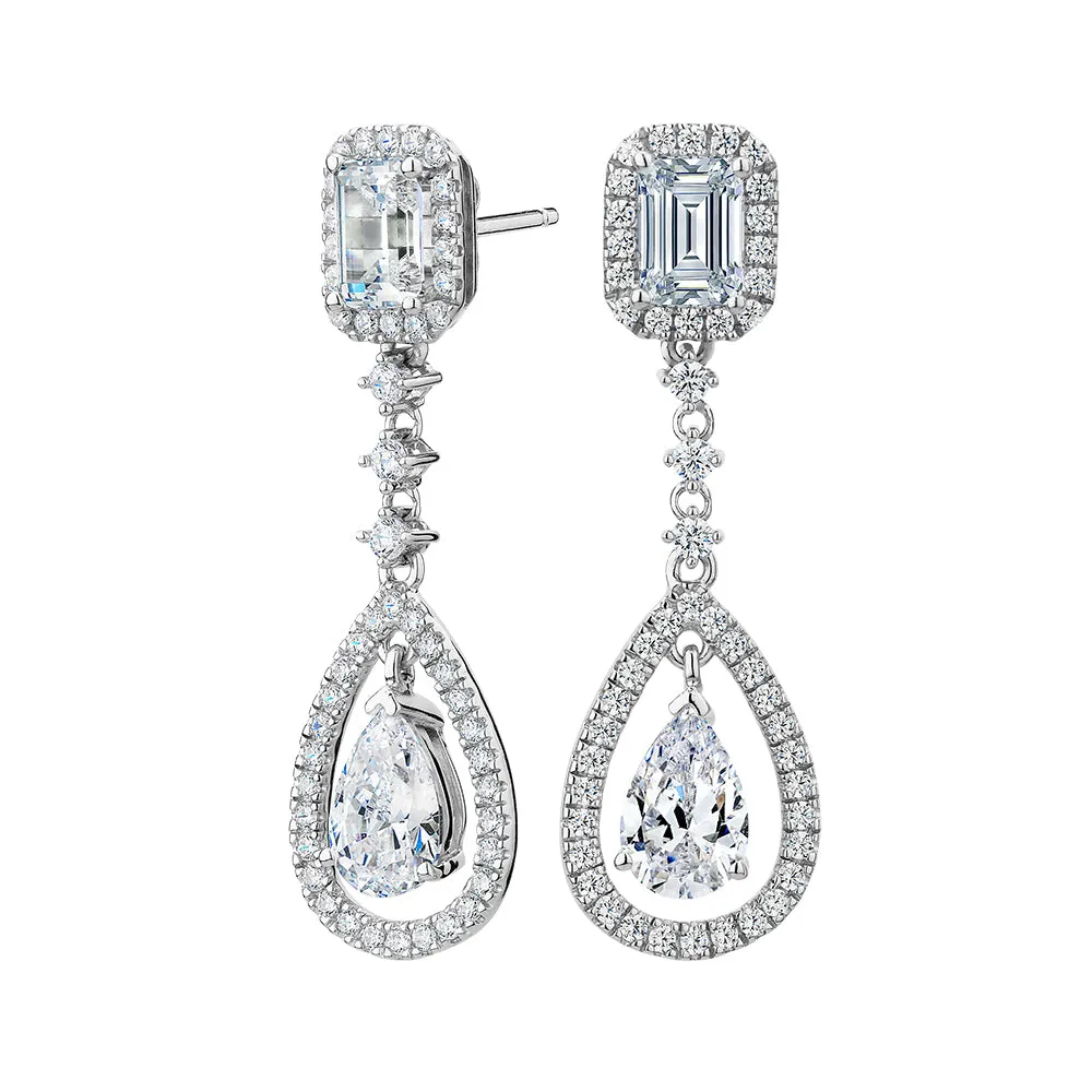 Pear, Emerald Cut and Round Brilliant drop earrings with 5.1 carats* of diamond simulants in sterling silver