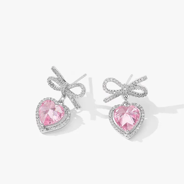 Pink Crystal Bow Heart Earrings