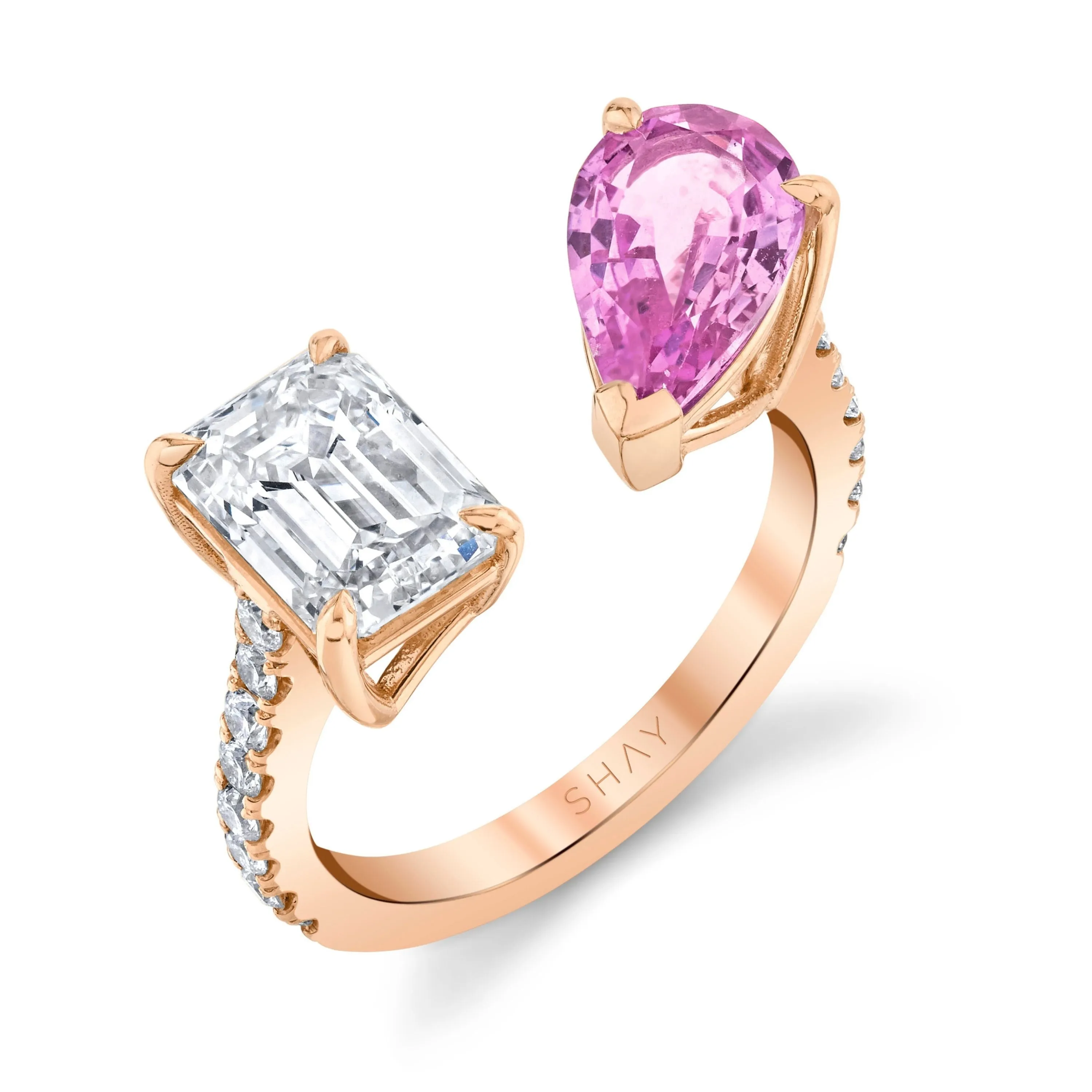 PINK SAPPHIRE PEAR & DIAMOND EMERALD TWIN RING