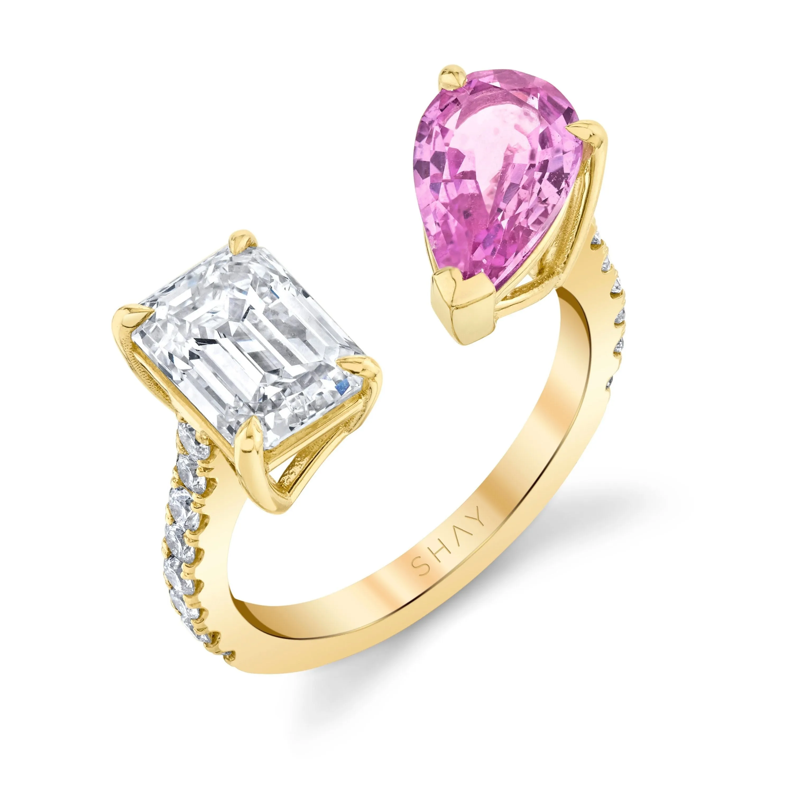 PINK SAPPHIRE PEAR & DIAMOND EMERALD TWIN RING