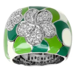 Plumeria - Green Enamel with CZ Ring