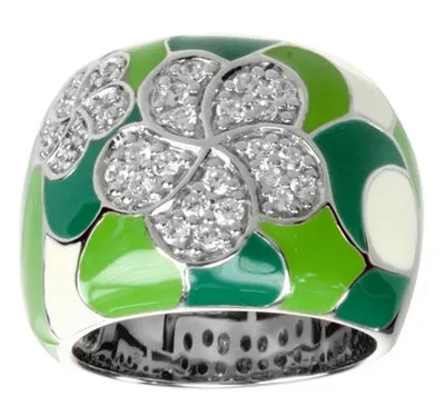 Plumeria - Green Enamel with CZ Ring