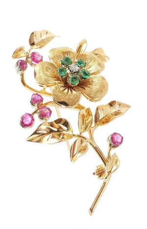 Retro Emerald Burmese Pink Sapphire & Diamond 18k Yellow Gold Flower Brooch