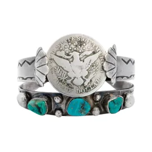 Retro Sterling Silver and Turquoise Half Dollar Cuff