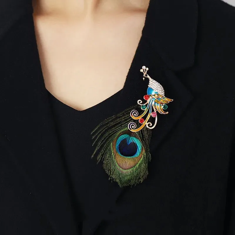 Rhinestone Art Deco Peacock Feather Brooch - Style 3