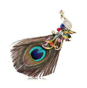 Rhinestone Art Deco Peacock Feather Brooch - Style 3