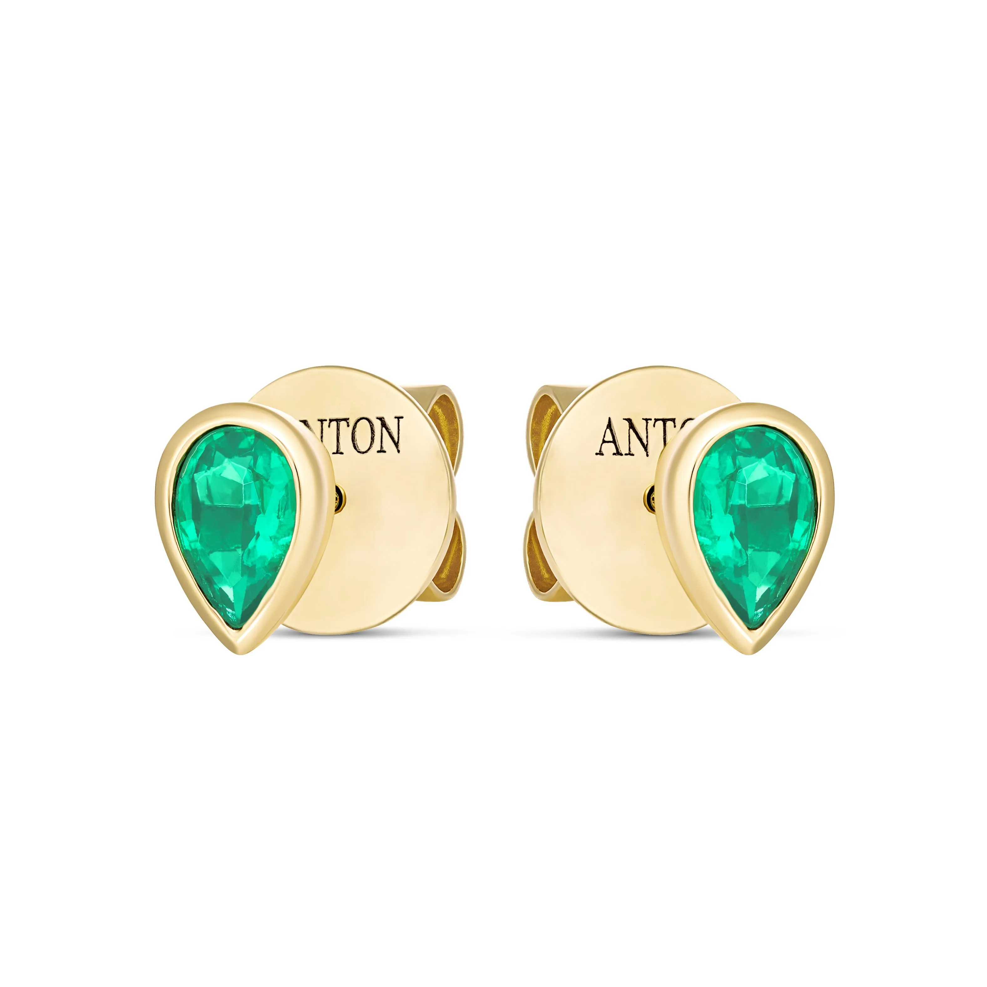 Riviera Pear Cut Emerald Gemstone Bezel Studs | 18K Yellow Gold