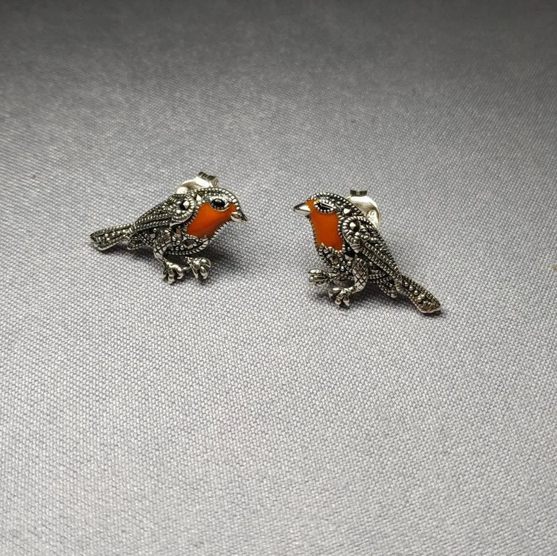 Robin earrings silver Marcasite enamel