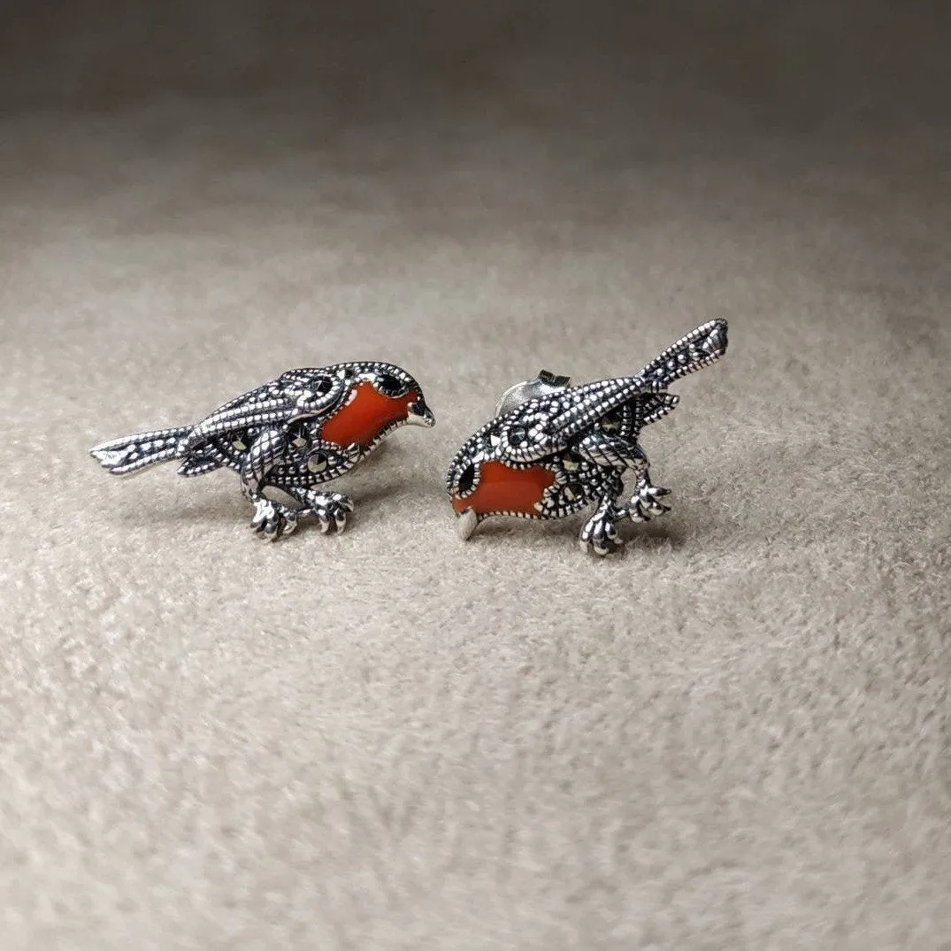 Robin earrings silver Marcasite enamel