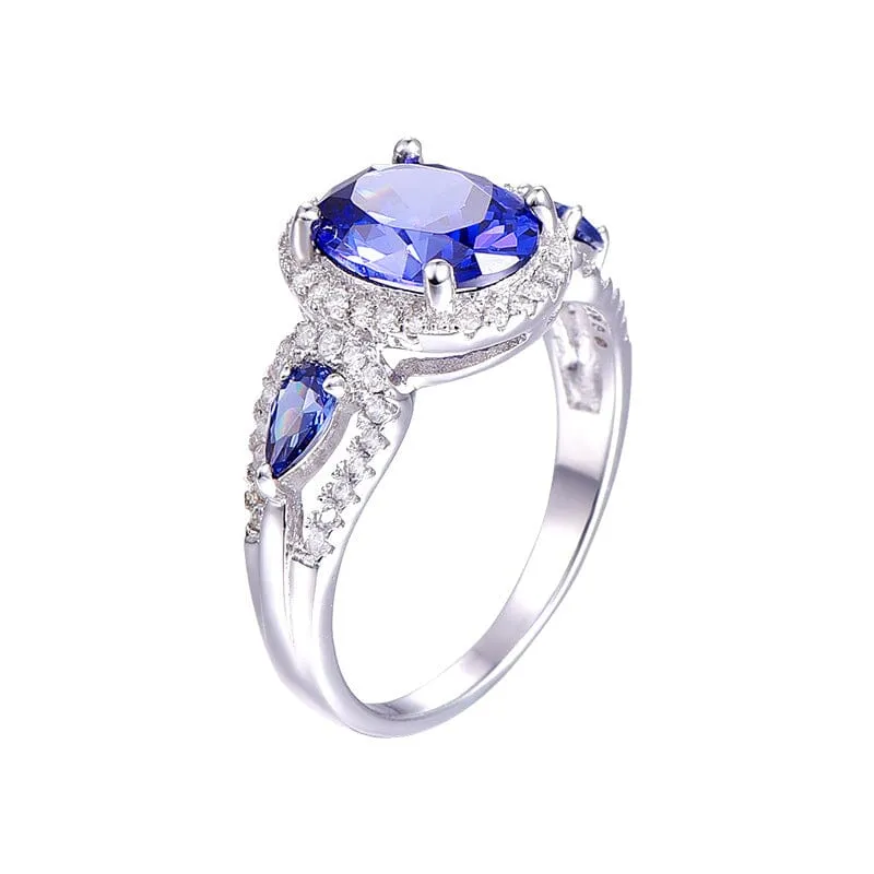 Sapphire Little Diamonds Ring - 925 Solid Sterling Silver