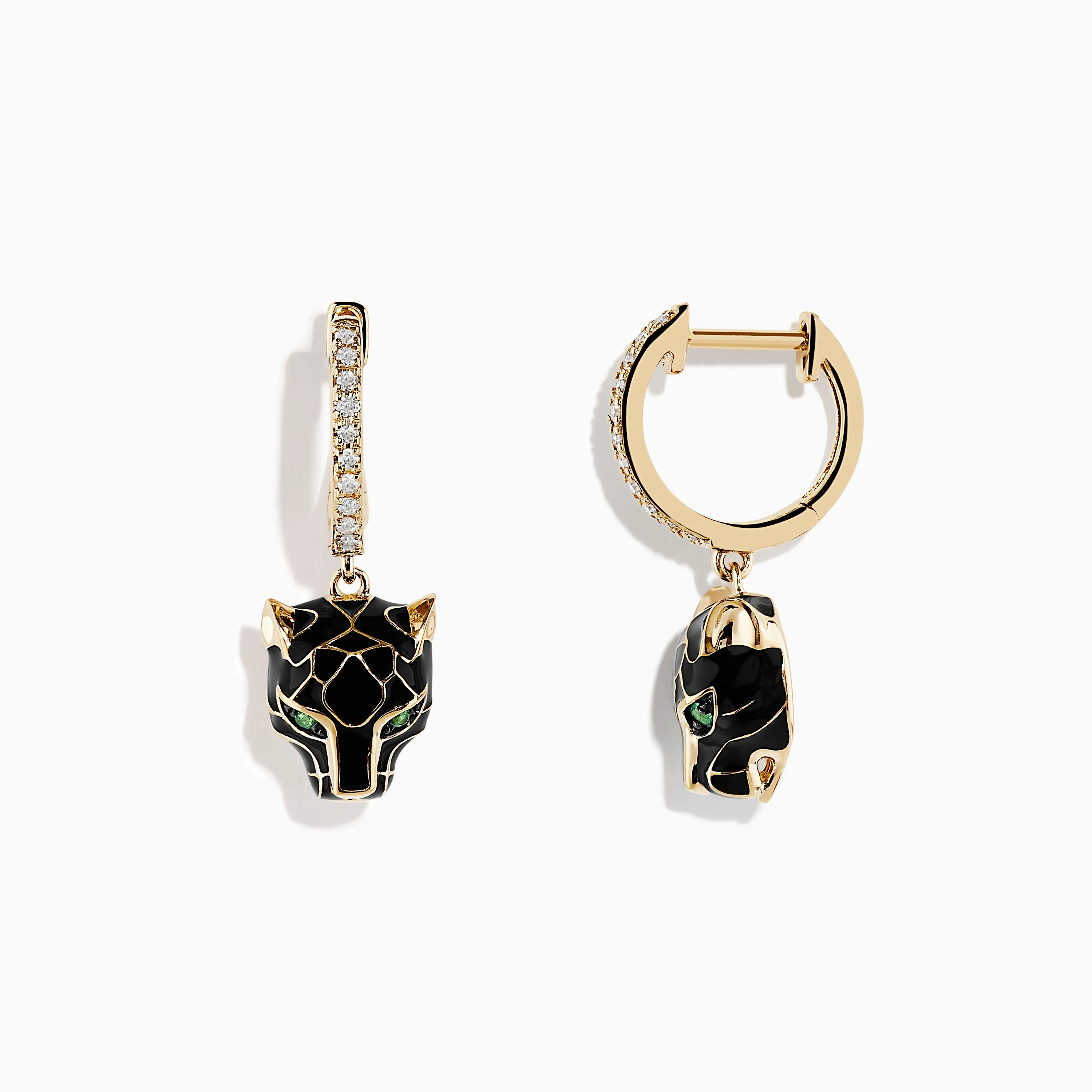 Signature 14K Yellow Gold Diamond Emerald and Enamel Panther Earrings