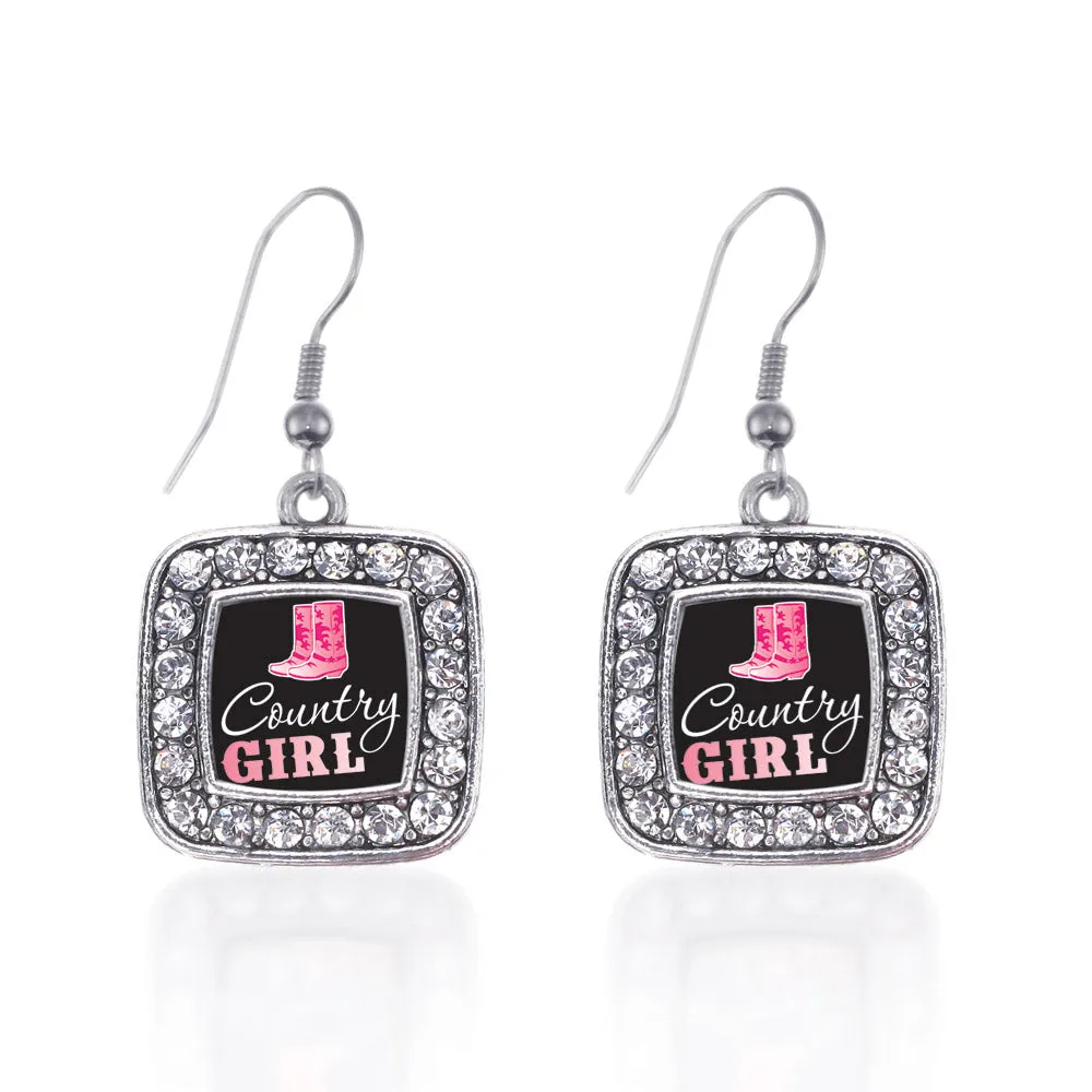 Silver Country Girl Square Charm Dangle Earrings