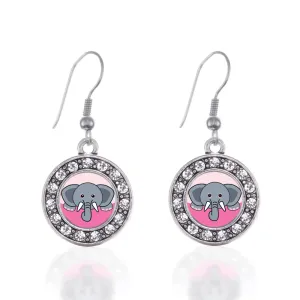 Silver Peeking Elephant Circle Charm Dangle Earrings