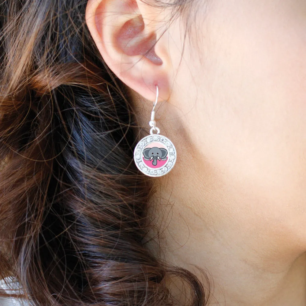 Silver Peeking Elephant Circle Charm Dangle Earrings