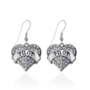 Silver Pilot Pave Heart Charm Dangle Earrings