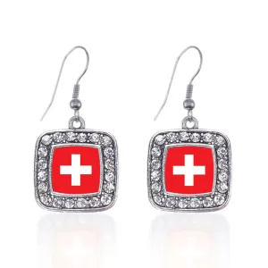 Silver Switzerland Flag Square Charm Dangle Earrings