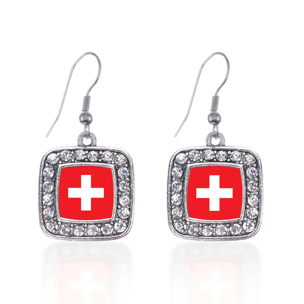 Silver Switzerland Flag Square Charm Dangle Earrings